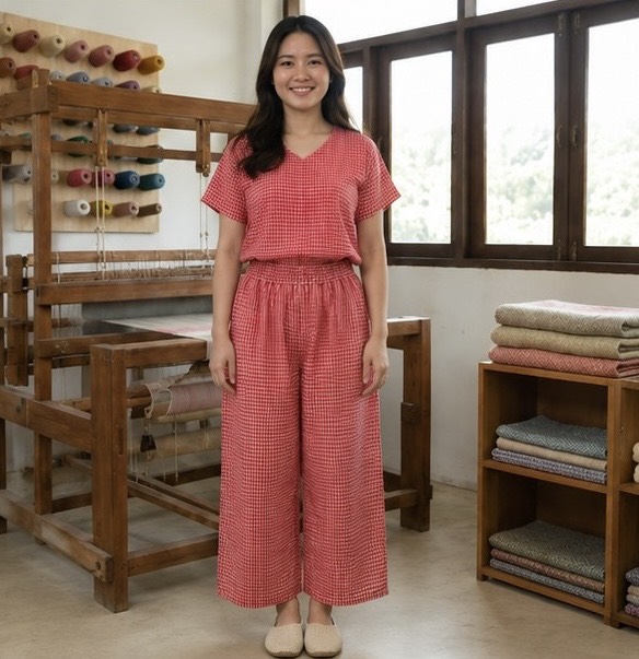 ชุดเสื้อและกางเกงผ้าทอ otop สีแดง งานแฮนด์เมดพื้นเมือง ใส่สบาย สไตล์ร่วมสมัย ชุดเสื้อและกางเกงผ้าทอ otop สีแดง งานแฮนด์เมดพื้นเมือง ใส่สบาย สไตล์ร่วมสมัย